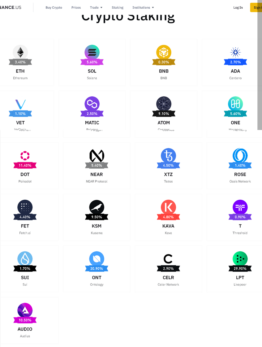 a screenshot of available crypto staking options at the Binance US crypto exchange